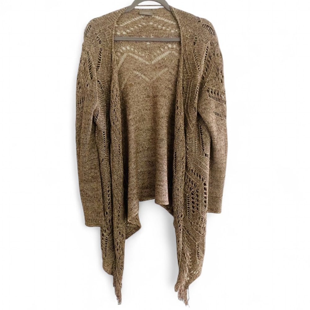 CANDA PREMIUM BEIGE GOLD OPEN KNIT CROCHET STYLE BOHO KIMONO DUSTER SIZE MEDIUM